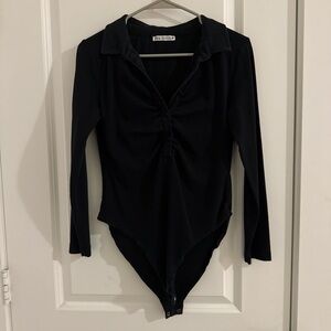 ZARA ruched polo long sleeve bodysuit